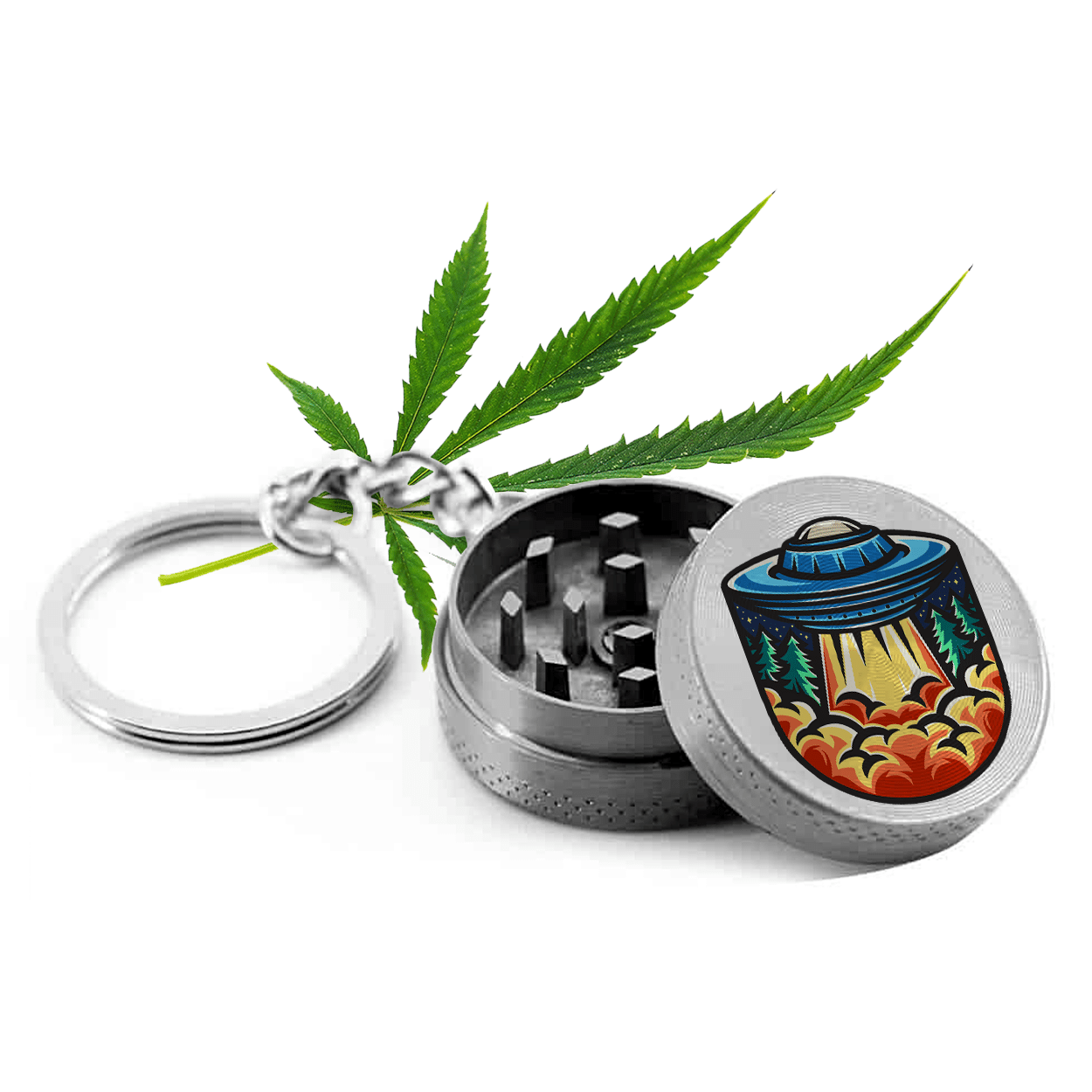 A mini keychain grinder with a magnetic lid, perfect for creating small amounts of herbs